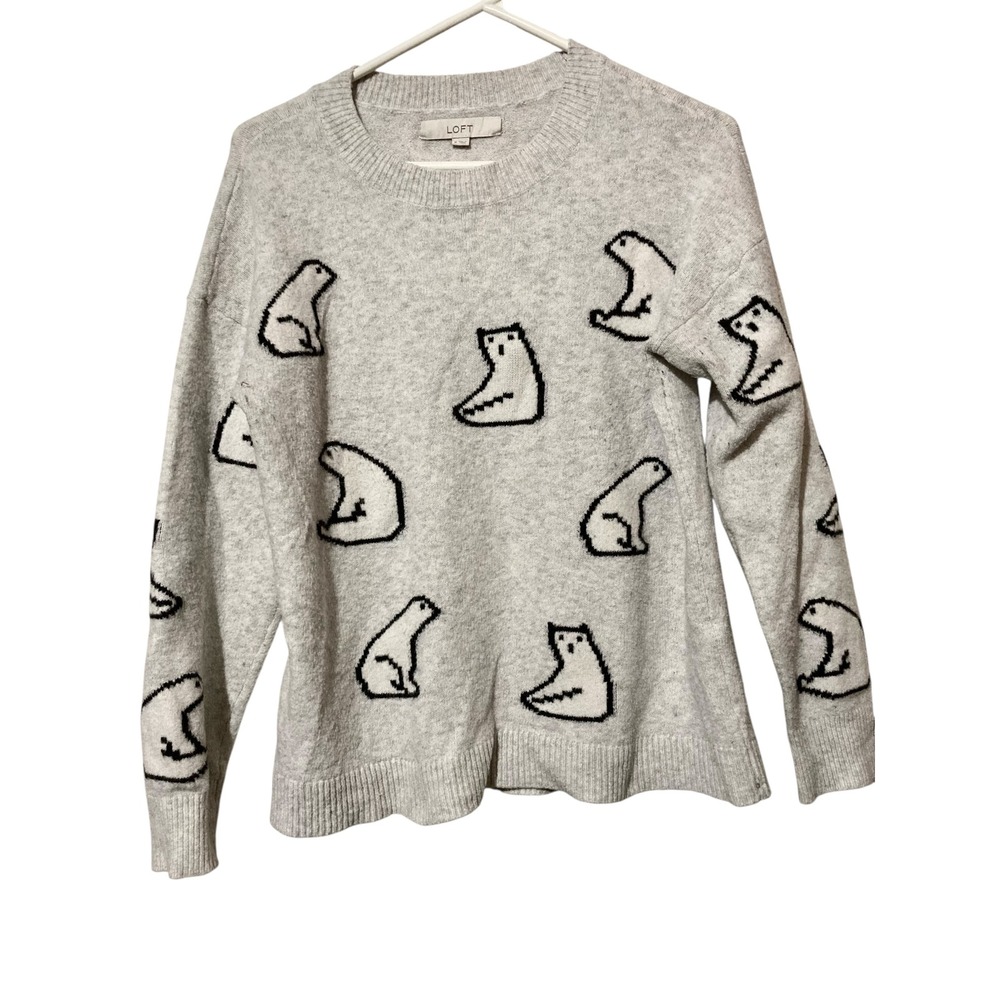 LOFT Polar Bear Graphic Crew Neck Sweater Grey Knit Womens Medium